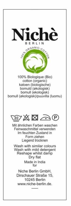 Pflegeetikett: Waschen bei 30 Grad im Schonwaschgang, nicht bleichen, nicht im Trockner, Bügeln bei niedriger Temperatur, chemische Reinigung P