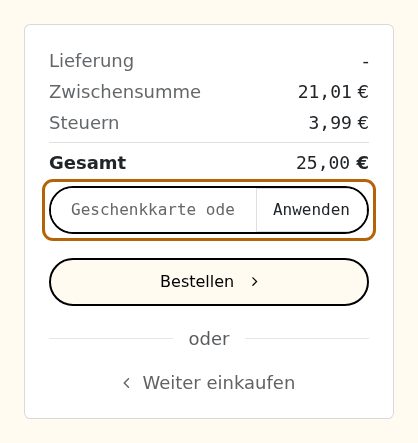 Kasten mit den Summen im Warenkorb. Unter der Zeile Gesamt ist das Feld Geschenkkarte oder Rabatt mit dem Knopf Anwenden hervorgehoben.
