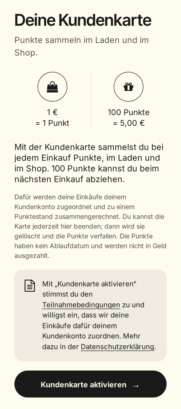 Seite „Deine Kundenkarte“ am Handy mit dem Knopf „Kundenkarte aktivieren“