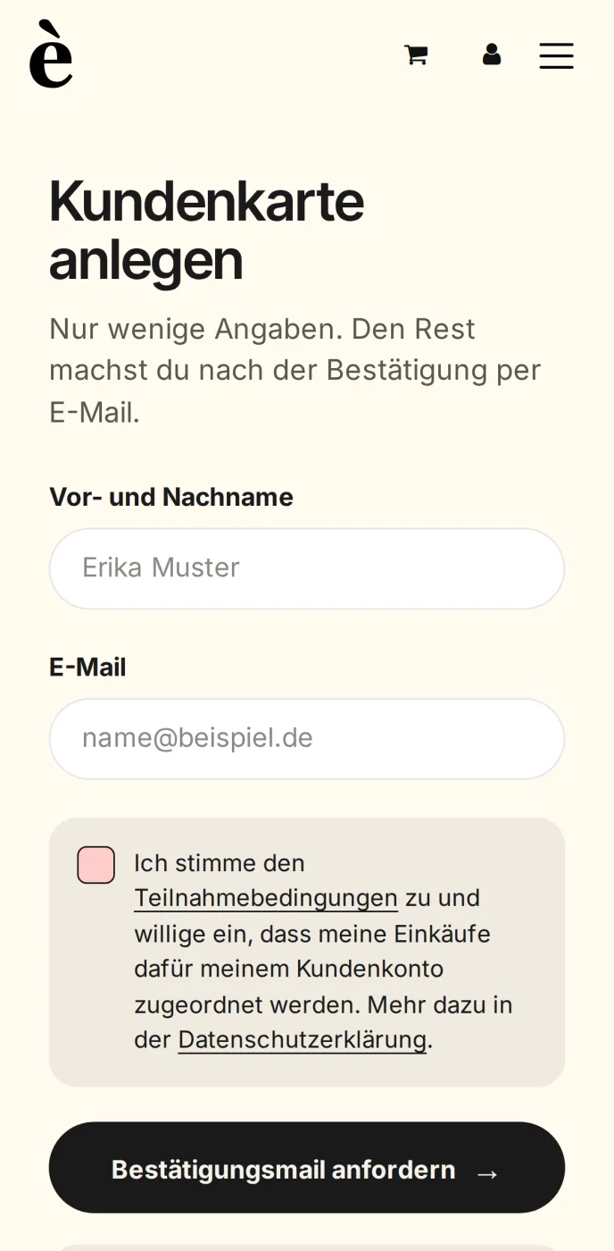 Formular „Kundenkarte anlegen“ mit Name, E-Mail und dem Knopf „Bestätigungsmail anfordern“