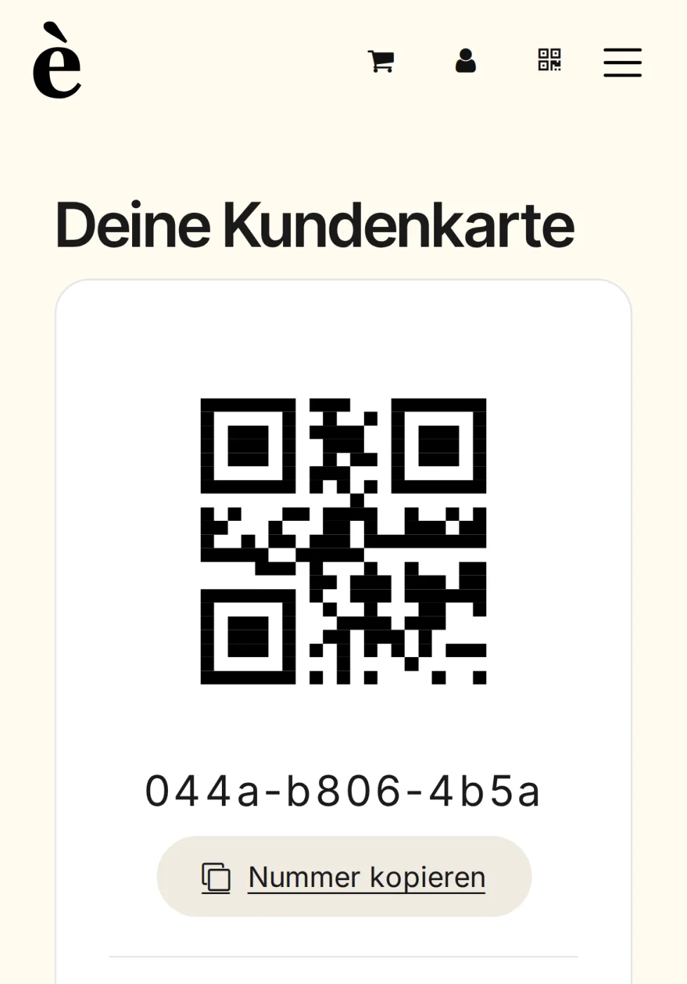 Seite „Deine Kundenkarte“ mit QR-Code und Kartennummer