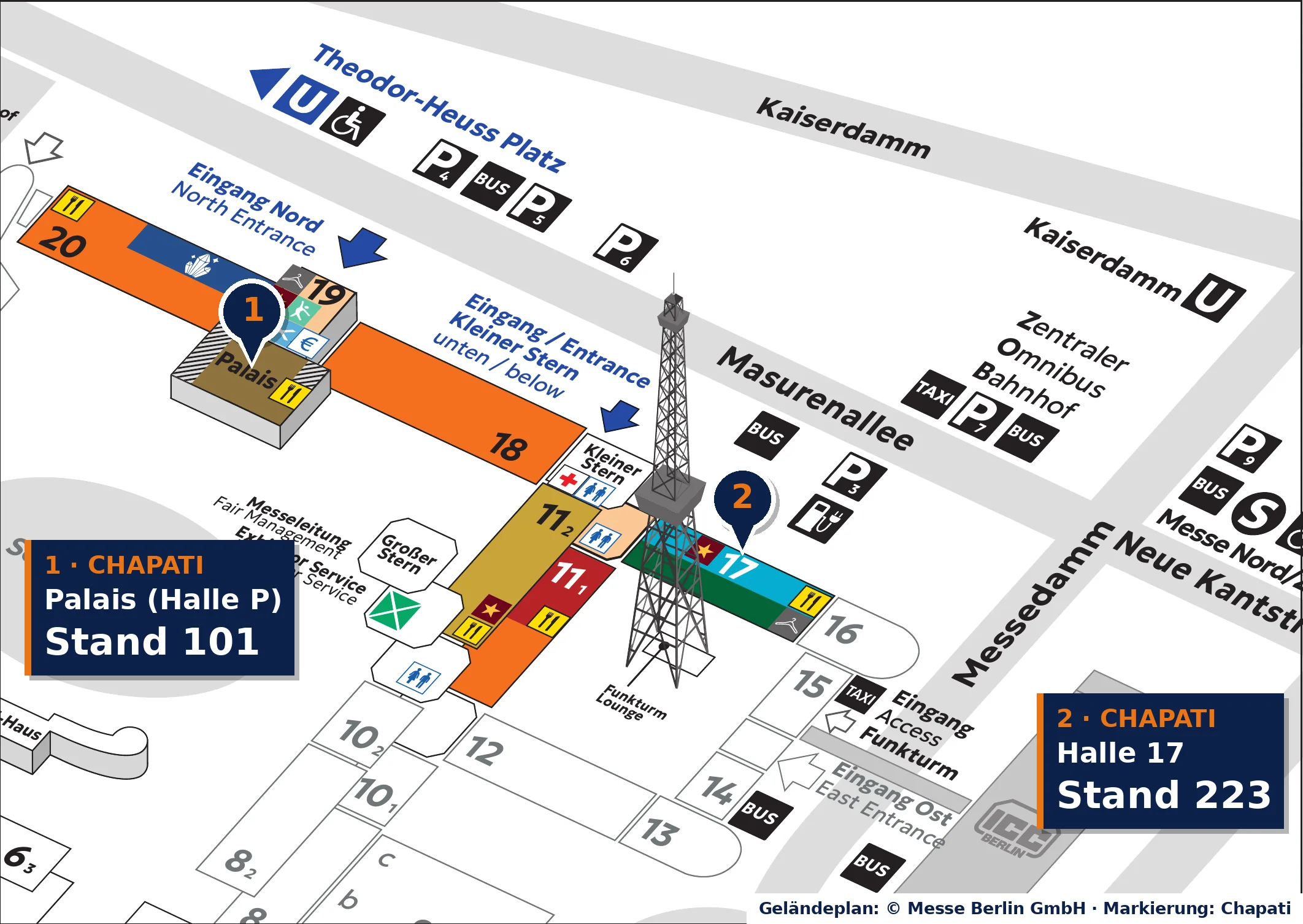 Geländeplan des Bazaar Berlin 2026 mit zwei Markierungen: 1 im Palais am Funkturm neben Eingang Nord, Stand 101; 2 in Halle 17 am Funkturm, Stand 223