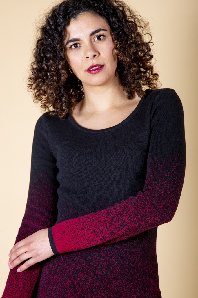 Vorderansicht bis zur Hüfte: schwarz-dunkelrotes Kleid aus Strick-Jacquard mit Farbverlauf an Unterarmen und Rock sowie weitem Rundhalsausschnitt.