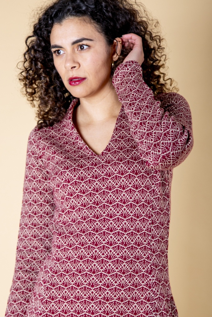 Vorderansicht bis zur Hüfte: weiß-dunkelrotes Kleid aus Strick-Jacquard mit Fächermuster, V-Ausschnitt und locker liegendem Kragen.